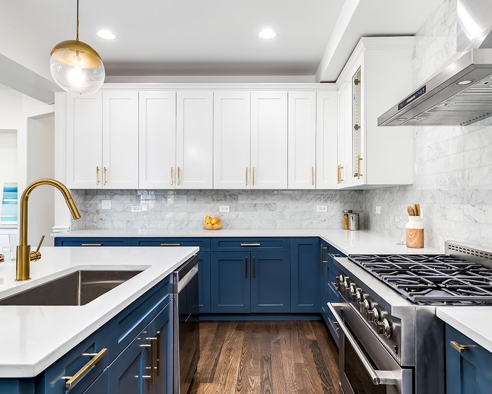 kitchen interiors with white and blue cabinets installed kinnelon nj